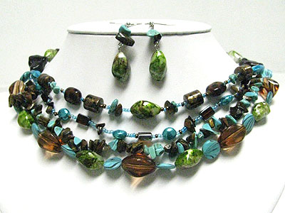 Triple row multi stone and beads necklace set