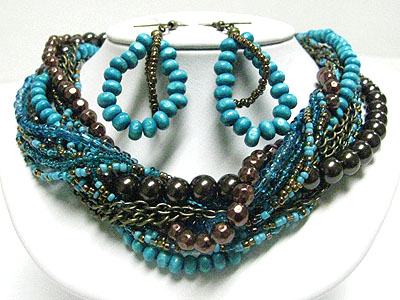 Multi row beads abd metak chain braided necklace set