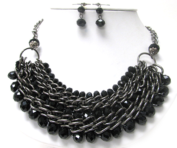 Facet glass beads and multi row chain necklace earring set