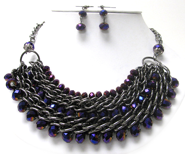 Facet glass beads and multi row chain necklace earring set