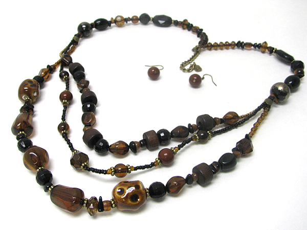 Triple layer mixed animal theme beads long necklace earirng set