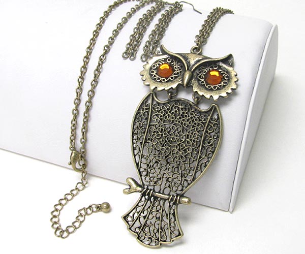 Filigree metal owl pendant long necklace earring set