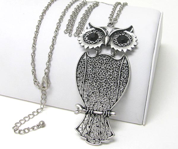 Filigree metal owl pendant long necklace earring set