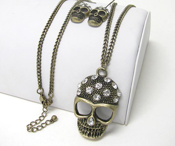 Crystal stud skull pendant necklace earring set