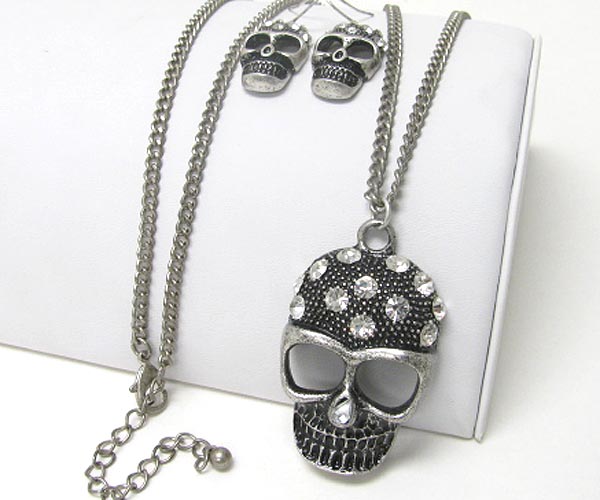 Crystal stud skull pendant necklace earring set