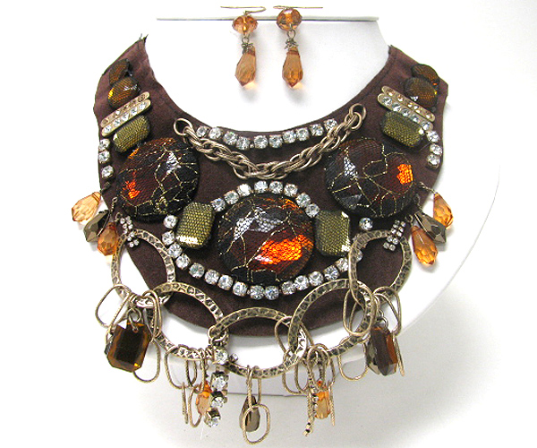 Crystal metal chain and beads deco bib necklace earring set