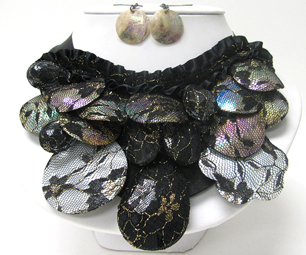 Meshed acyl disk deco bib necklace earring set