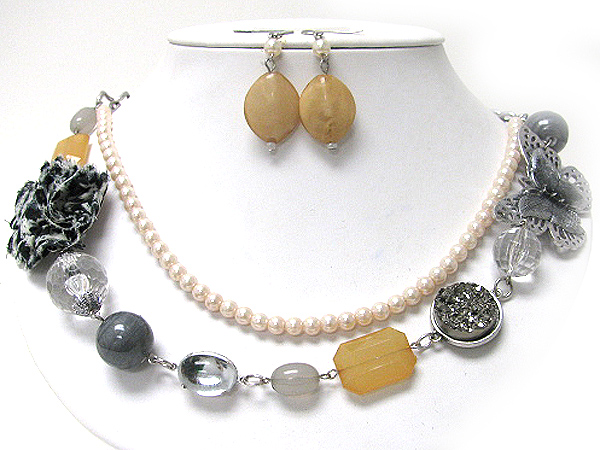 Pearl and mixed beads deco double line necklace earring set