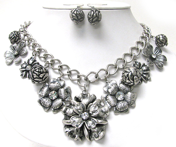 Crystal stud mixed flower dangle necklace earring set