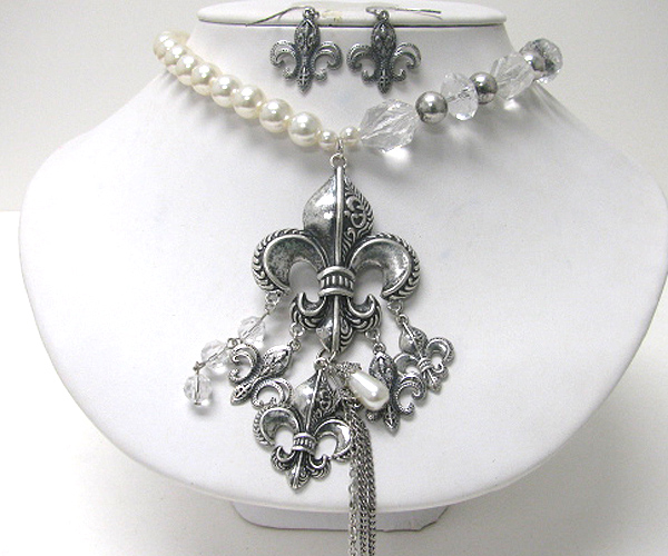 Multi fleur de lis dangle pearl and glass beads necklace earring set