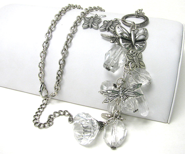 Multi butterfly and chunky ice beads dangle necklace earring set