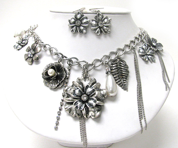 Crystal and pearl stud mixed flower dangle necklace earring set