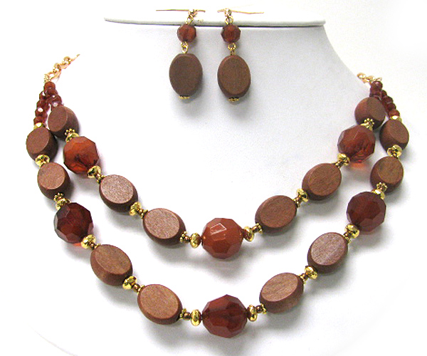 Double layer facet wood and glass beads link necklace earring set