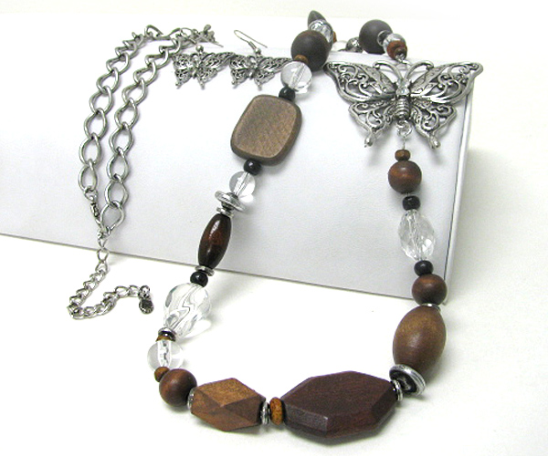 Butterfly accent wood and glass beads mix long necklace earring set