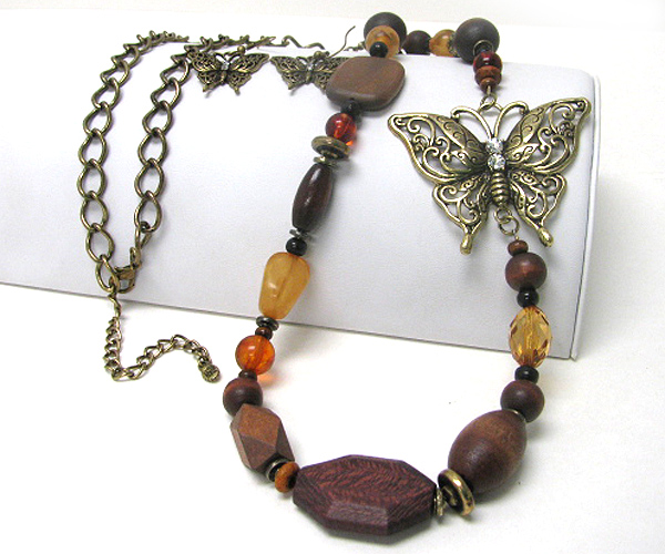 Butterfly accent wood and glass beads mix long necklace earring set