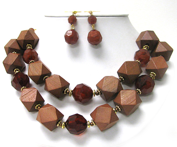 Double layer spike wood and facet glass beads necklace earring set