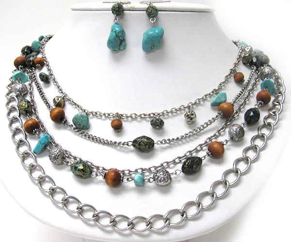 Multi layer wood turquoise patina link metal chain necklace earring set