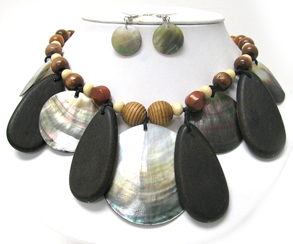 Shell and wood disk dangle wood ball necklace earring set