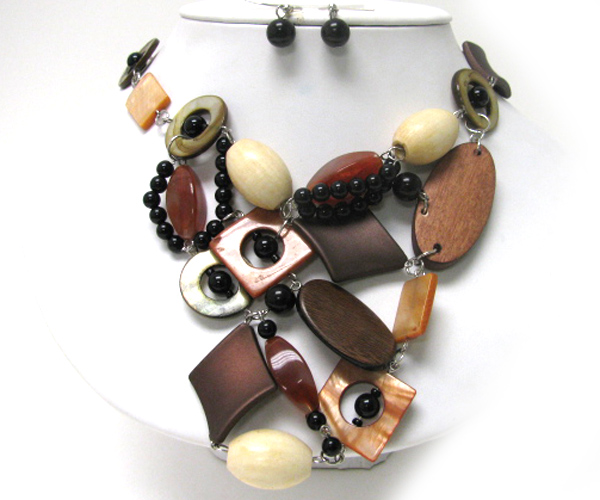 Wood and shell art deco bib style necklace earring set