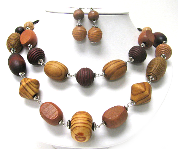 Double layer mixed wood link necklace earring set