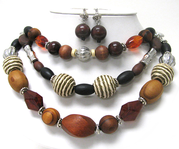 Triple layer mixed wood ball necklace earring set