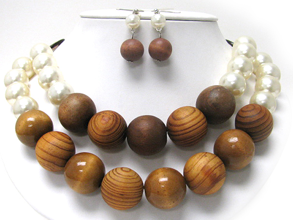 Double layer wood ball and pearl beads mix necklace earring set