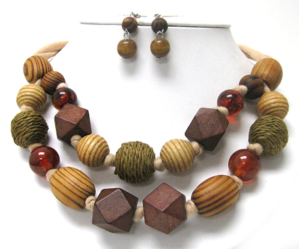 Double layer mixed wood ball link necklace earring set