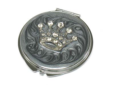 Crystal crown top round compact mirror - two side mirror