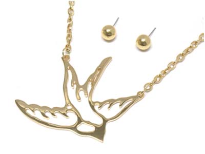 Metal bird shape frame deco necklace and earring set 