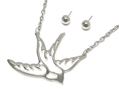 Metal bird shape frame deco necklace and earring set 