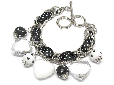 Multi acryl heart and ball charm and ribbon toggle bracelet 