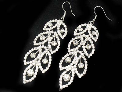 Rhinestone deco leaf shape drop earring 