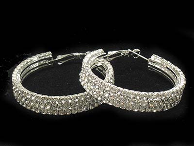 Rhinestone triple row round hoop earring  - hoops