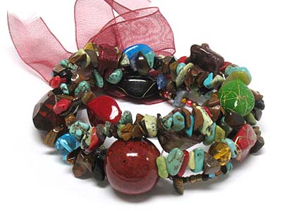 Multi row ceramic and chip stone deco bracelet with ribbon