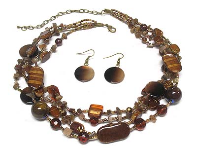 Multi natural bead and ceramic disk mix 4 row necklace and earring set 