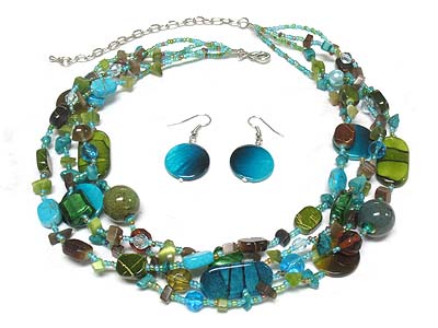 Multi natural bead and ceramic disk mix 4 row necklace and earring set 