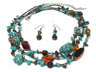 Multi glass and chunk stone 2 row necklace and earring set 