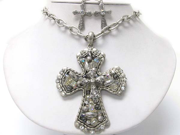 Crystal and mixed beads deco cross pendant neckalce earring set