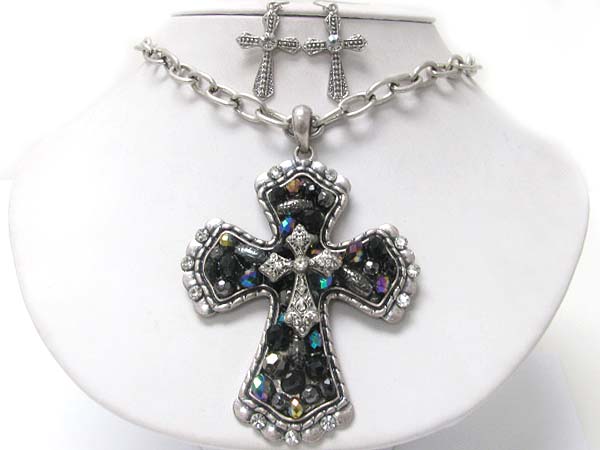 Crystal and mixed beads deco cross pendant neckalce earring set