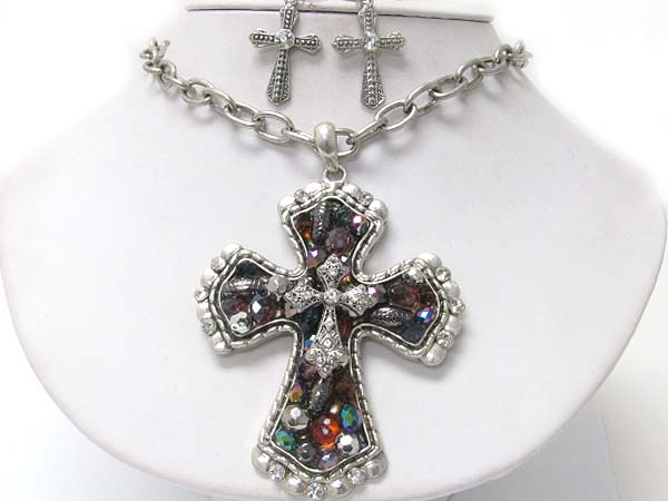 Crystal and mixed beads deco cross pendant neckalce earring set