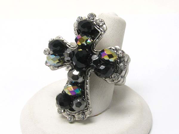 Crystal and facet glass beads cross stretch ring