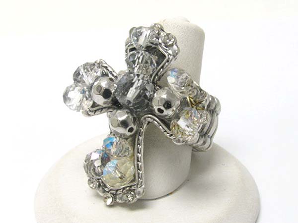 Crystal and facet glass beads cross stretch ring