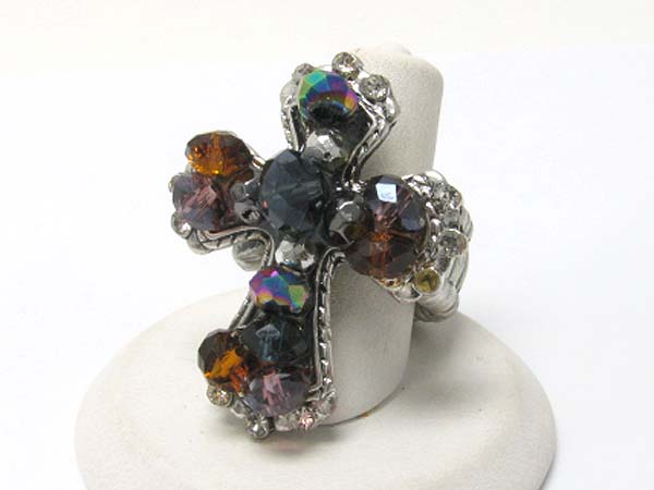 Crystal and facet glass beads cross stretch ring