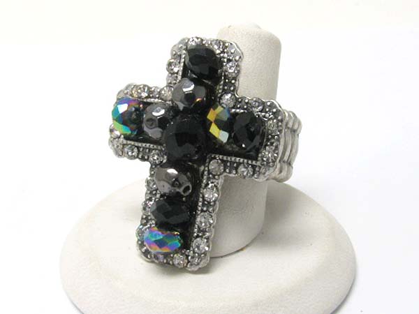 Crystal and facet glass beads cross stretch ring