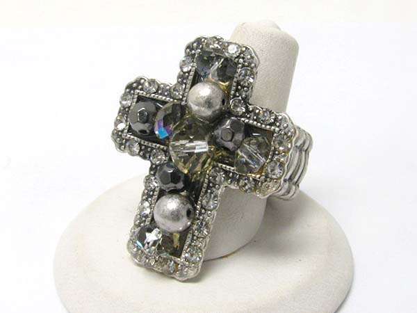 Crystal and facet glass beads cross stretch ring