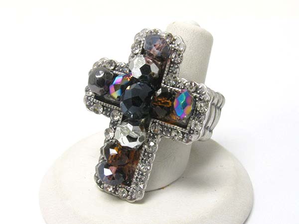 Crystal and facet glass beads cross stretch ring