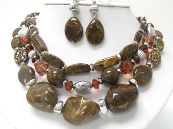 Triple layer smokey stone and mixed beads necklace earring set