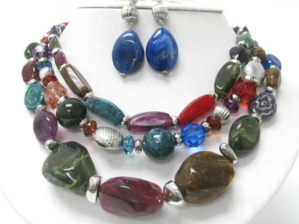 Triple layer smokey stone and mixed beads necklace earring set