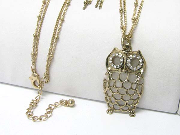 Crystal stud owl pendant long chain necklace