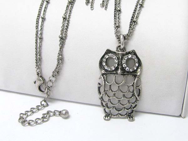 Crystal stud owl pendant long chain necklace